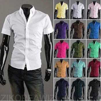 16 צבעים הקיץ פוליאסטר גברים מוצק עסקי מזדמן חולצות לגברים הגירסה הקוריאנית Slim Fit שרוול קצר חולצה 2023 חדש