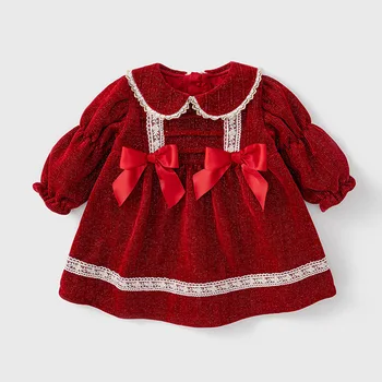 2022 בנות חדש שמלת תחרה סתיו/חורף ארוך לפרוע שרוול קשת שמלת נסיכה ילדים אדום חג המולד Vestido יום הולדת בגדים