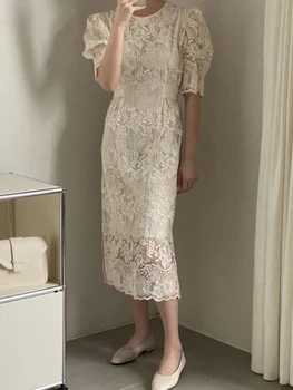 2022 הקיץ החדש Midi שמלות נשים חלוקים עם שרוולים קצרים בסגנון צרפתי Elengant שיק רשת שמלת תחרה נשית Vestidos