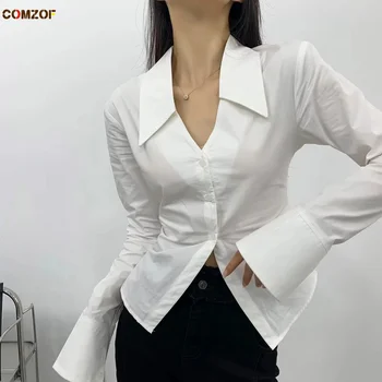 2023 אביב נשים שרוול ארוך חולצות Slim Fit V-צוואר לפצל את החולצה Harajuku צמרות אופנה ביגוד Roupas Femininas