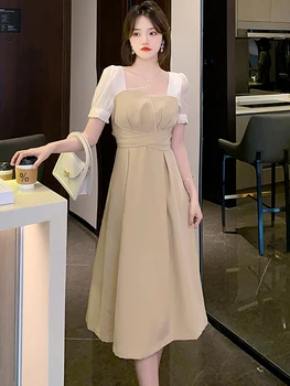 2023 אופנה אלגנטית טלאים חרוזים הצווארון המרובע יוקרה לבוש רשמי נשים הקיץ הקוריאני מזדמנים שמלת הרשמי אירועים