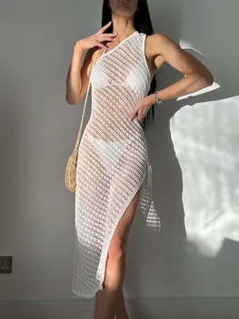 2023 קיץ נשים ביקיני לחפות סקסי לבן לסרוג כתף אחת רואה דרך חלול החוצה שרוך שמלת החוף בבגד ים