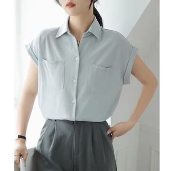 2023 קיץ נשים חולצה בצבע אחיד כיס קצר שרוול שיפון, חולצות אלגנטיות אופנה חדשה רשמי במשרד הגברת העליון