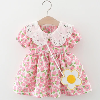 2Pcs/Set בייבי בנות תחרה דש פריחת אפרסק שמלת השיפון 2023 הקיץ בחורות חדשות גרסה קוריאנית קטנה שמלת פרח +תיק