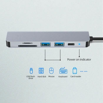 6 ב 1 אינטליגנטי תחנת עגינה מסוג-C 480Mbps USB 2.0 5.0 Gbps USB 3.0 SD TF כרטיס 4K HDMI תואם ואודיו, ממשק