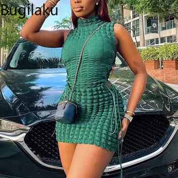 Bugilaku הקיץ 2023 חדש בלבוש נשים, אופנת רחוב, אופנה מוצק צבע קפלי שמלות תחבושת Slim Fit חלול החוצה סקסי חלוק נשי