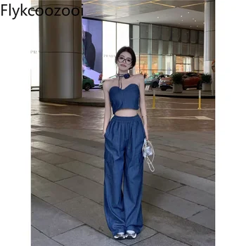 Flykcoozooi בנות שוות מכנסיים להגדיר מוצק מחוץ כתף סטרפלס Camis לכל היותר רחב רגל מזדמנים מכנסיים תכונות חדשות של התאמת סטים