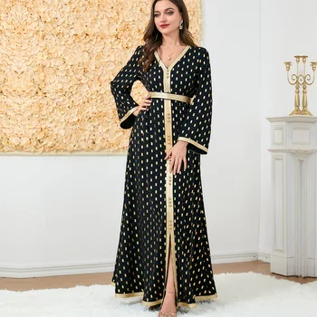 ICCLEK יוקרה שמלות ערב 2023 מרוקאי גלימה אישה שמלת מקסי הזהב השחור Abaya פאטאל Musulman האסלאם גלימה, חגורה תלבושות
