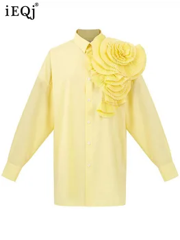 IEQJ קפלים פרחים משולבים תחרה, חולצות לנשים עם שרוולים ארוכים רופפים מעצב חולצות 2023 האביב החדשה בגדים אלגנטיים 3WQ4289
