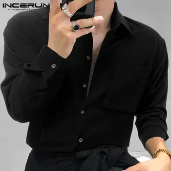 INCERUN מקסימום 2023 סגנון קוריאני גברים הכפתורים של החולצה אופנה מזדמנים זכר כל-התאמה פשוטה בועה פסים שרוול ארוך חולצות S-5XL