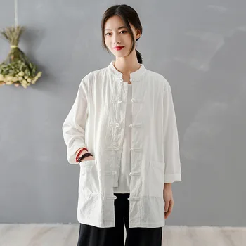 Johnature 2023 חדש האביב בציר נשים חולצות כותנה פשתן חולצות בסגנון סיני מקסימום לעמוד שרוול ארוך כפתור כיסי חולצות