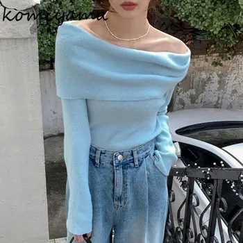Komiyama Feminino מחוץ כתף קו נטוי הצוואר סוודר נשים שרוול ארוך Knitwears אביב סתיו Y2k בגדים אלגנטיים קט מקסימום