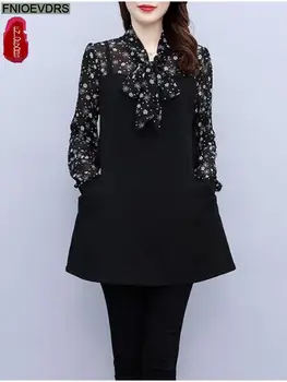 L-5XL עניבת פרפר צמרות חולצות 2023 קוריאני אופנה, בגדי נשים, אופנת וינטאג', רטרו כיסים פרחוני הדפסה אלגנטי Peplum החולצה