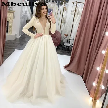 Mbcullyd בציר ארוך שרוולים שמלות חתונה 2023 העצום O-צוואר Champange הכנסייה שמלות עבור נשים אפרו vestido de noiva