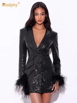 Modphy 2023 חדש של מעצב אופנה ערב מסיבת נשים שחורות שרוול ארוך סקסי נצנצים נוצה לקצץ דק לחצן יחיד בלייזר השמלה