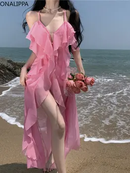 Onalippa סקסית החוף סגנון רב קפלים שיפון Midi שמלה גבוהה המותניים צוואר V לא סדיר עיצוב שמלות ללא שרוולים פיצול Vestidos