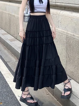 SURMIITRO נשים החצאית הארוכה 2023 הקיץ הקוריאני מקרית מוצק כל-התאמה טלאים קו גבוה מותן חצאית מקסי נשית שחור לבן