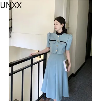 UNXX אביב קיץ 2023 ההגעה חצאית חליפות ניגודיות צבע טלאים כפתור למעלה לכל היותר גבוהה המותניים קו התנופה הגדולה אלגנטי חצאיות