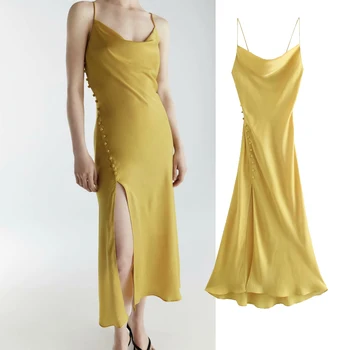 Za 2021 צהוב מרקם משי Midi שמלה אישה חשופת גב להחליק שמלה קצרה נשים Ruched רצועה החוף מסיבה סקסית שמלות קיץ.