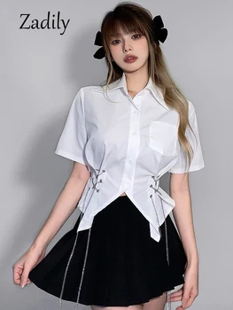 Zadily Y2K שרוול קצר שרשרת חולצה לבנה נשים ברחוב סגנון כפתור למעלה סלים בנות יבול מקסימום 2022 קיץ נשי ביגוד חולצה