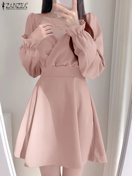 ZANZEA לב צווארון קוריאני אופנה שמלת מסיבת סקסי מוצק נשים שרוול ארוך Mini שמלה החג עם קפלים קדמי הדוק המותניים חלוקים