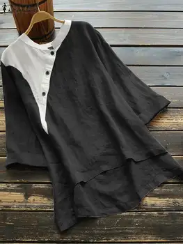 ZANZEA קיץ הנשים צוואר V 3/4 שרוול חולצה אלגנטית טלאים החולצה הנשית מזדמן סימטרית Blusas Chemise 2023 צמרות טוניקה