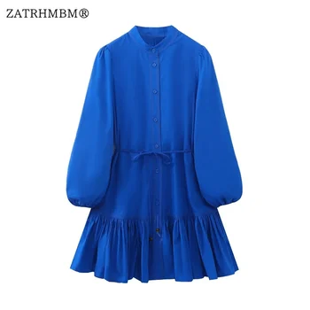 ZATRHMBM נשים 2023 אביב אופנה תחרה כחול שמלת מיני בציר שרוול ארוך כפתור למעלה נקבה שמלות Vestidos Mujer