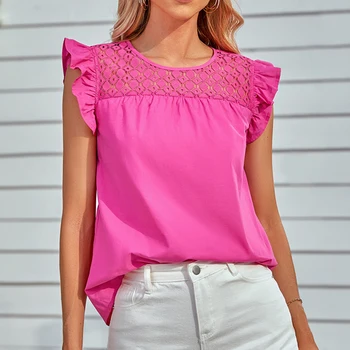 אלגנטי פרפר שרוול בקיץ חולצות 2023 אופנה נשים O-צוואר תחרה חולצות מזדמנים צמרות מוצק אישה משוחררת Blusas Mujer 24772
