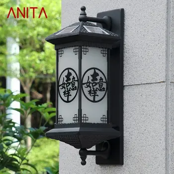 אניטה חיצונית סולארית מנורת קיר יצירתיות בסגנון סיני שחור מנורות קיר אור LED אטימות IP65 הביתה מרפסת חצר