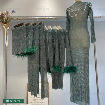 באיכות גבוהה יוקרה רשת מלא מקדח יהלום יען שיער ירוק ארוך שרוול שמלת חצאית מכנסיים ארוכים בגדי המסיבה