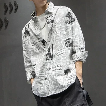 בגדים קלאסיים עיתון דפוס אופנת רחוב של גברים חולצות חופשי שרוול ארוך זכר מקסימום יוניסקס אופנה Harajuku מזדמן החולצה לגברים