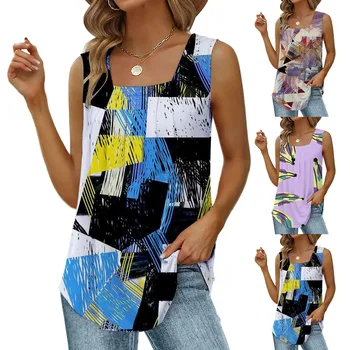 בציר להדפיס חולצות ללא שרוולים עם קפלים נשים אלגנטי הצווארון המרובע החוף Hliday בוהו הוואי גופיות קיץ מזדמן החולצה