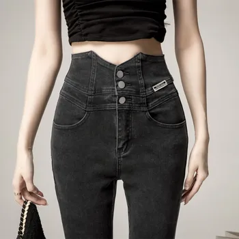 גבוהה המותניים עם חזה עיפרון המכנסיים נופלים ג 'ינס לנשים סלים חורף חם ג' ינס מכנסיים נקבה לעבות צמר ג ' ין מכנסיים 3516