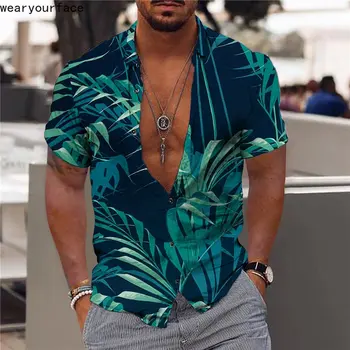 דקל אננס חולצות מודפסות הוואי להתלבש כפתור החולצה למעלה שרוול קצר דק בסגנון אופנת רחוב החוף מזדמנים גברים ביגוד