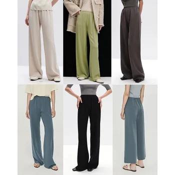 ה* R0* קיץ נשים מכנסיים גבוהה המותניים מוצק צבע טרנינג אצטט רחב הרגל מכנסיים רופפים מזדמן אורך רצפת תשע המכנסיים