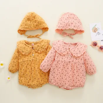 האביב 2Pcs תחרה לפרוע חמוד בייבי Romper עם כובע להגדיר התינוק וינטג ' פרחוני ארוך שרוול סרבל פעוטה מתוקה בגדים