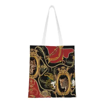 זהב בסגנון הבארוק דפוס שקית קניות, נשים הכתף בד תיק רחיץ נמר ראש טרופי עלים, שרשרת קונה שקיות