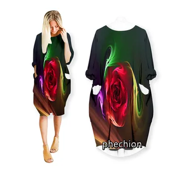 חדש בהיר רוז פרח אמנות הדפסת 3D אופנה שמלות מזדמנים אמצע אורך השמלה נשים בגדים כיס שרוול ארוך חולצות R18