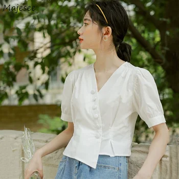 חולצות לנשים מוצק יבול מקסימום גזרה א-סימטרית מזדמן עיצוב פאף שרוול קיץ כל-התאמה Ulzzang סגנון Chemise פאטאל