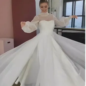 חיננית קו שמלת החתונה זמן פאף שרוול צוואר גבוה שמלת כלה החוף פשוטה אורך רצפת חזרה עם Bopw בהזמנה אישית 2021