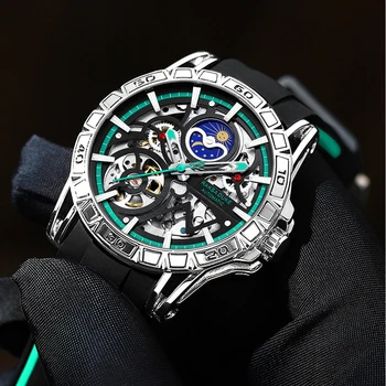 טורבילון שלד שעון יוקרה אוטומטי Mens שעונים הירח שלב מכאני שעון יד לגברים עמיד למים Relojes גבר 2022