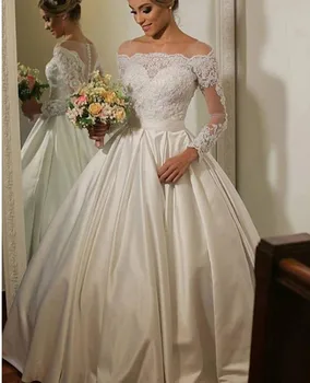 מכירה חמה Vestidos דה Noiva הכלה סאטן שמלות שרוול ארוך אפליקציות, פנינים 2024 שמלות כלה תחרה החלוק de Mariage