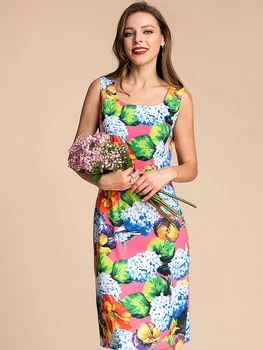 מעצב אופנה שמלת הקיץ של הנשים ללא שרוולים אלגנטיים פרחוני הדפסה סלים בציר החופשה מסיבה Midi שמלה