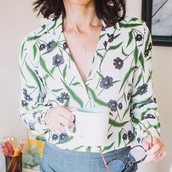 משי 100% נשים/בנות עלים ירוקים & פרח להדפיס חולצה חולצה - 2019 נשי שרוול ארוך מחורצים החולצה העליון.