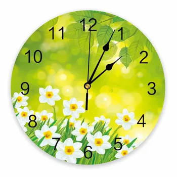 נרקיס פרחים נרקיס עלים ירוקים דקורטיבי עגול שעון קיר עיצוב מותאם אישית ללא מתקתקת שקט חדרי שינה גדולים שעון קיר
