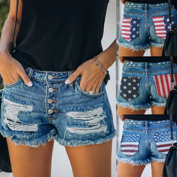 נשים אופנה קרע התגלגל דנים בציר חור קיץ מזדמן כיס קצר ג 'ינס בנות Hotpants קצרים ארה