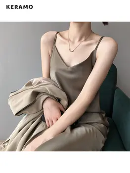נשים וינטאג ' V-צוואר מחשוף גב מוצק צבע אמצע שמלה ארוכה 2023 קיץ אלגנטי ללא שרוולים גבוה מותן רך Suspender השמלה