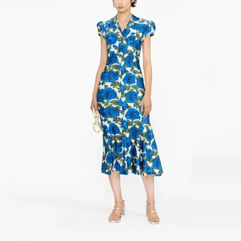 נשים כחול פרחוני הדפסה fishtail שמלת טמפרמנט אלגנטי דש סלים סלים קצר עם שרוולים ארוכים שמלות 2023 קיץ חדש