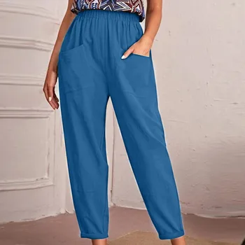 נשים מקרית מוצק צבע כותנה קו המכנסיים אביב קיץ באגי אלסטי המותניים מכנסי אופנה רחב הרגל מכנסיים עם כיס המכנסיים