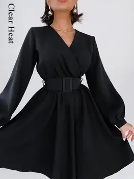 נשים נפוחות השרוול V-צוואר, חגורת שמלת מיני סקסית אופנה עם שרוולים ארוכים שמלות 2022 סתיו נשי אלגנטי מועדון המפלגה בגדים שחורים.